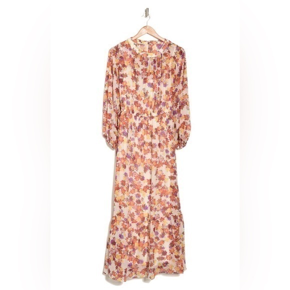 Maggy London Beige Floral Print Long Sleeve Chiffon Maxi Dress Size 4 New - Picture 1 of 6